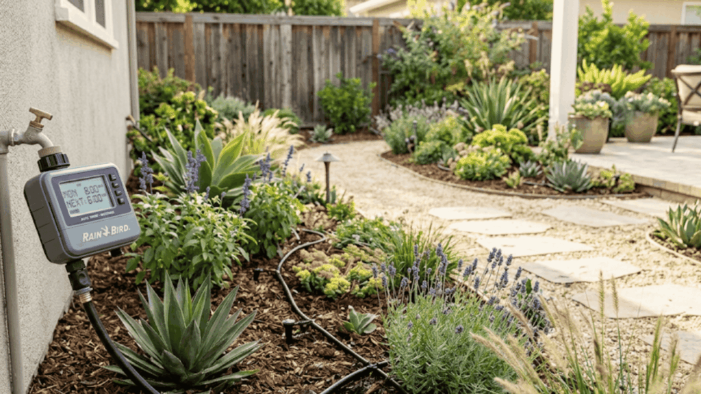 install automatic timer for watering system in garden for low maintenance landscaping