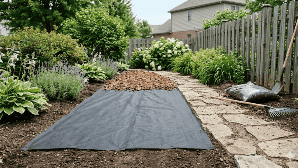 install landscape fabric on garden bed with mulch for low maintenance landscaping