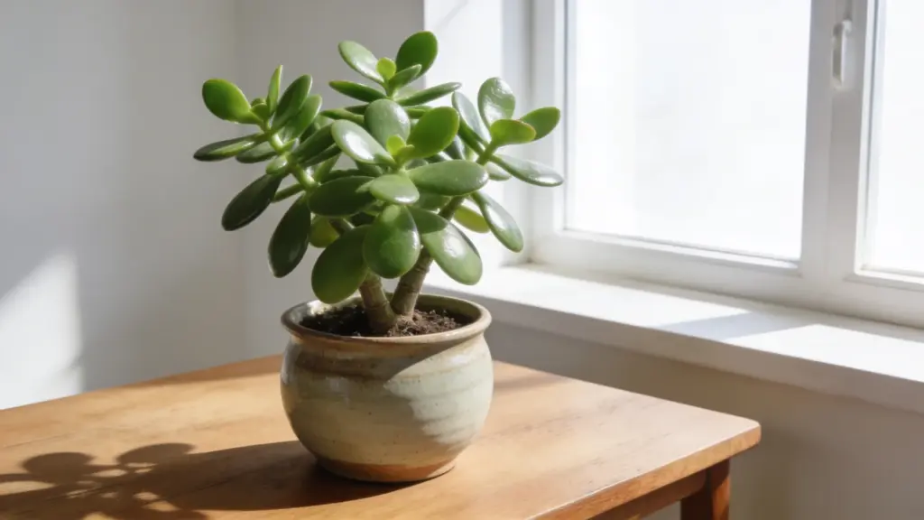 jade plant with thick glossy green leaves in a ceramic pot placed on a wooden table near a bright window with sunlight