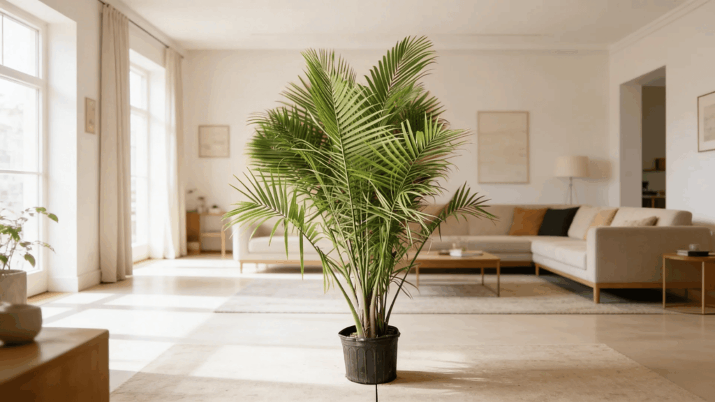 kentia palm placed in spacious indoor living room with soft natural light and simple decor