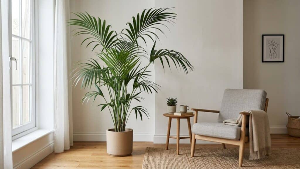 kentia palm with arching leaves in living room adding elegant and refined indoor look