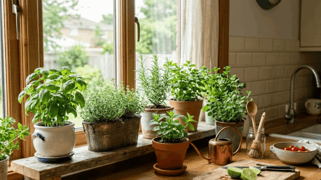 kitchen counter garden with potted herbs growing on a sunny windowsill near cooking space