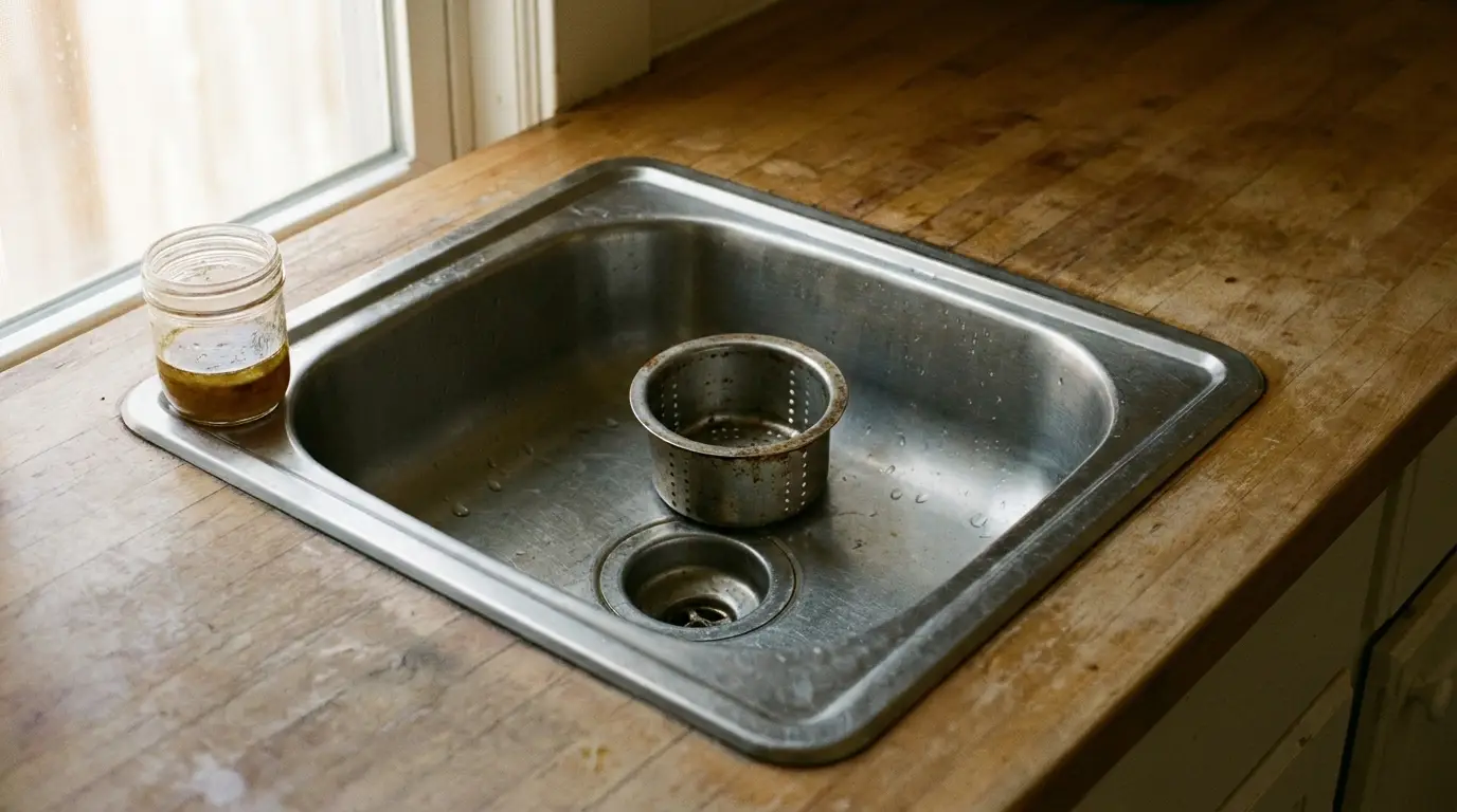 Stainless steel kitchen sink with metal strainer and jar on wooden countertop