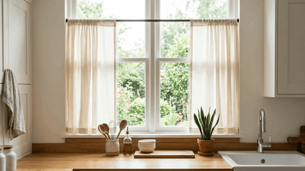 kitchen window with light curtains above sink showing neat space should curtain touch the floor
