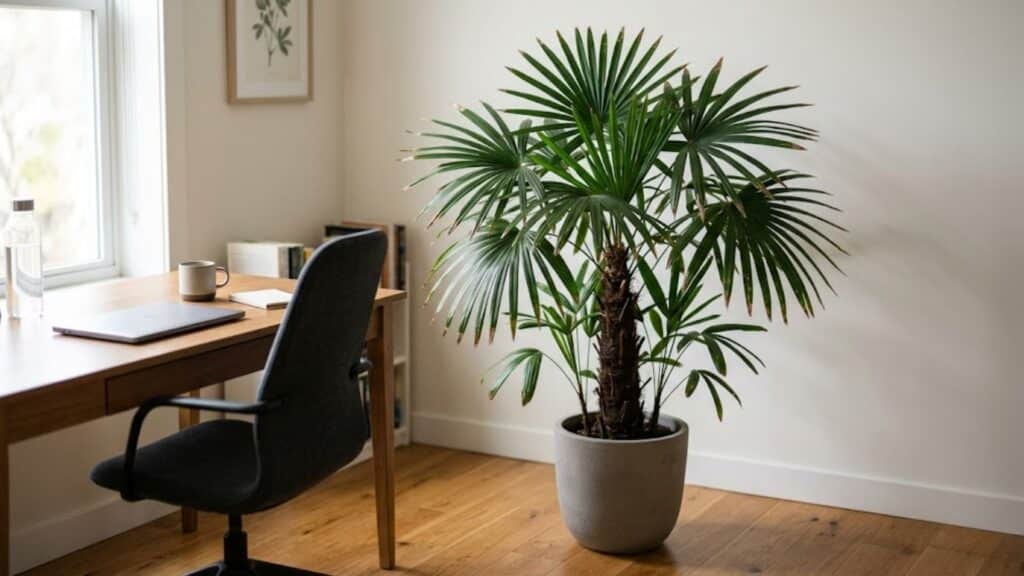 lady palm with fan leaves in office adding soft and relaxed indoor plant appearance