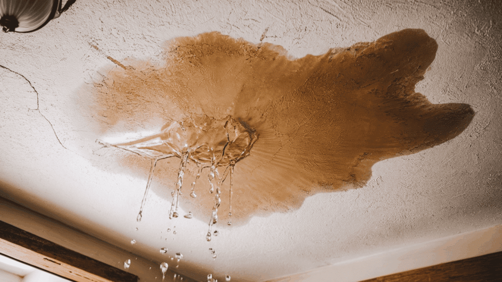 Water Stain on Ceiling: Causes, Fixes, and What to Do large brown water stain on ceiling with dripping water damage from leak above