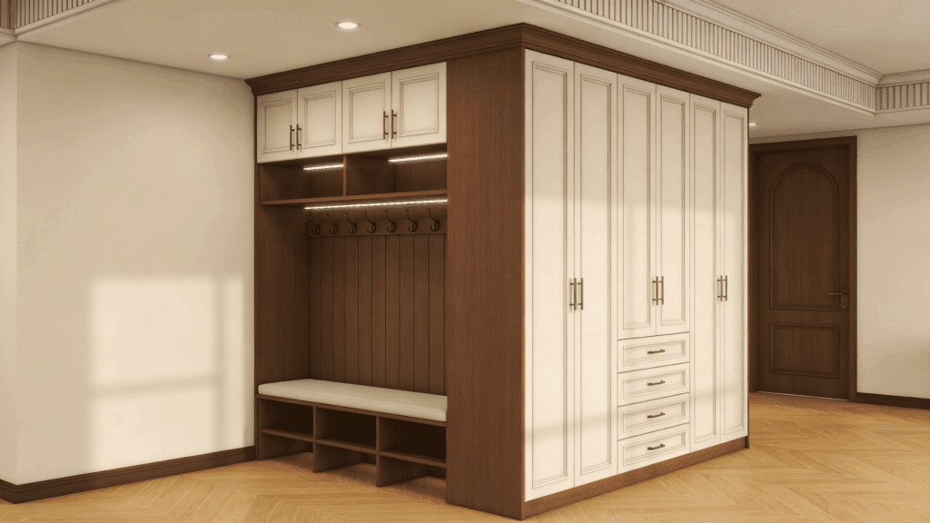 large built in cabinet with bench hooks and drawers creating clean spacious and functional mudroom design