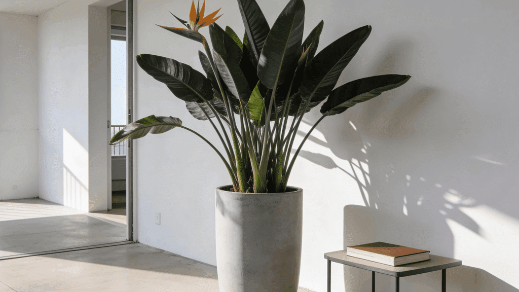large indoor plant in tall concrete pot beside open balcony door with sunlight casting shadows in modern space