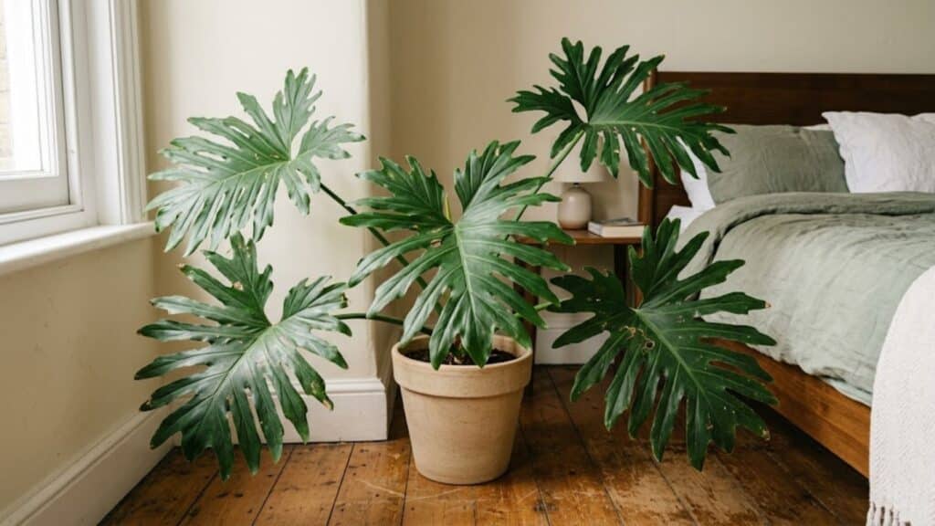large indoor plants like philodendron selloum in bedroom corner creating bold tropical indoor look
