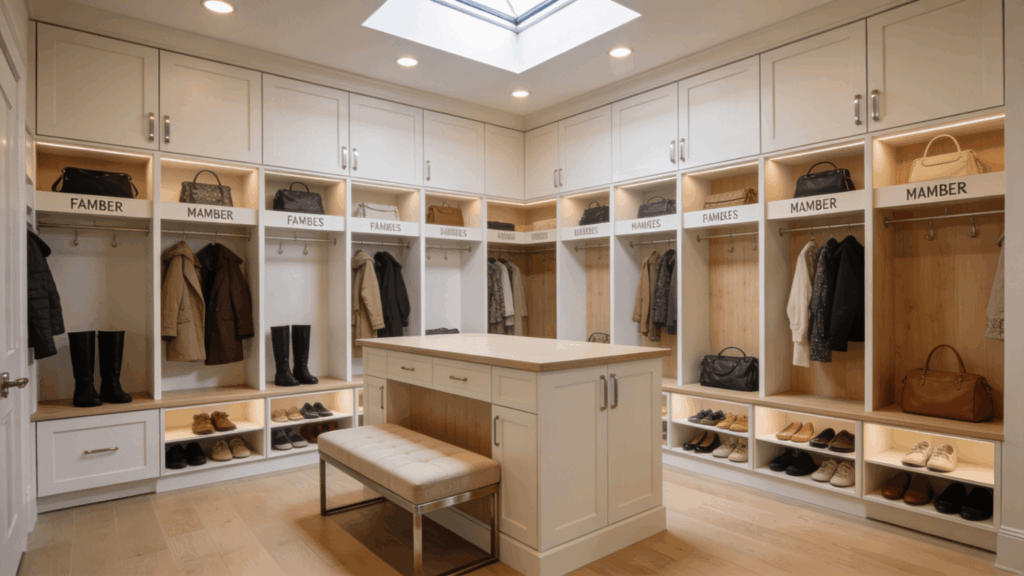 large walk in closet with labeled sections shoes bags and center island creating spacious organized storage