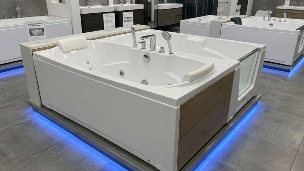large white jetted bathtub with headrests and chrome fixtures displayed in showroom with other tubs and blue underlighting