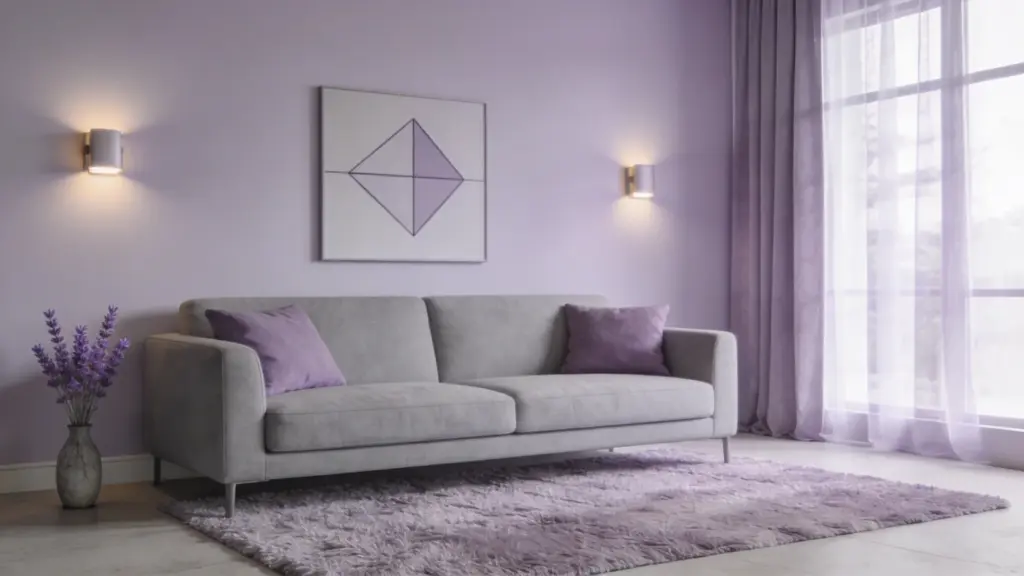 lavender and soft gray living room with cozy sofa soft textures gentle lighting and a calm relaxing modern interior design