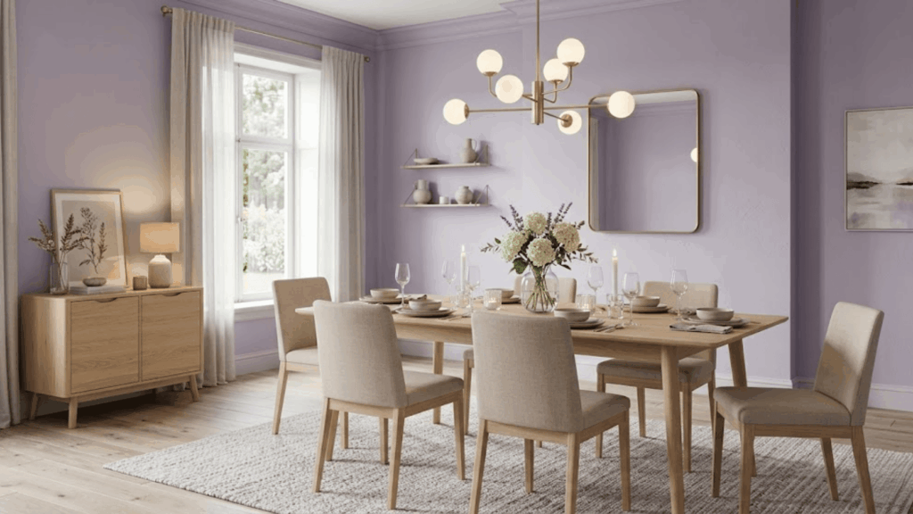 lavender dining room with light wood furniture soft lighting and simple decor creating a soothing space