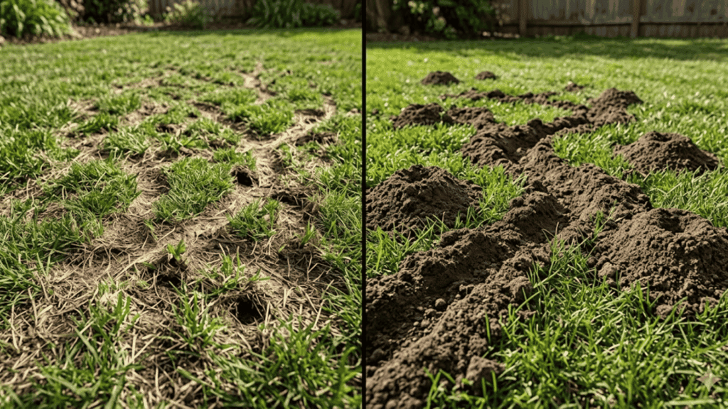 lawn vole vs mole damage showing shallow surface trails on grass and raised soil mounds across yard