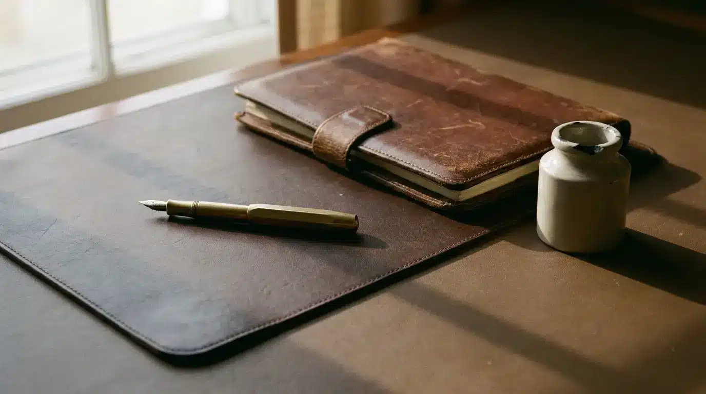 Leather notebook and fountain pen on brown desk near sunlight window