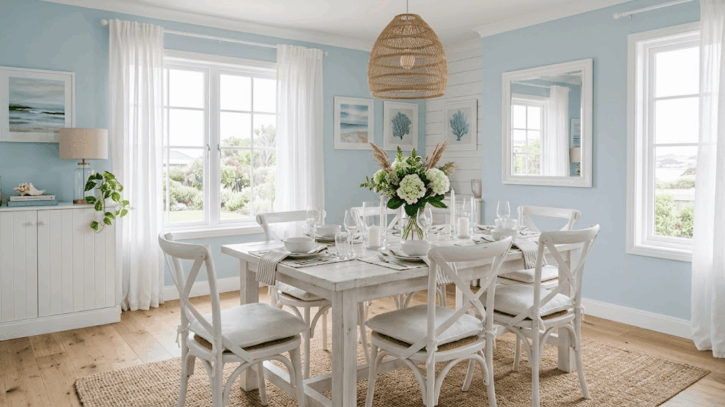 light blue dining room with white furniture soft light and airy feel creating a calm peaceful environment