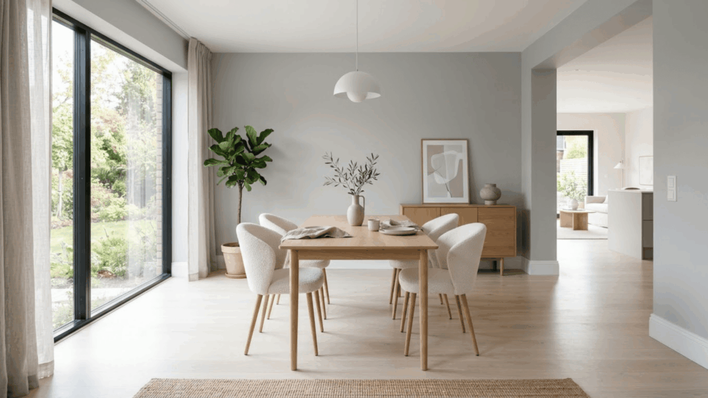 light gray dining room with modern furniture clean design and bright light creating an open airy environment