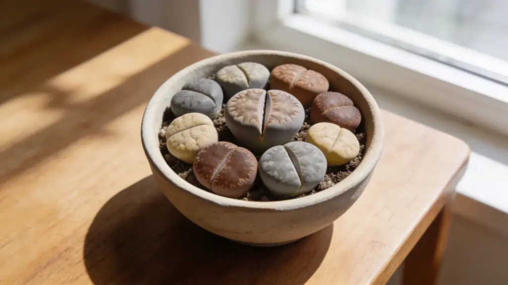 lithops succulents resembling small colorful stones in a shallow pot on a wooden table near a bright window with sunlight