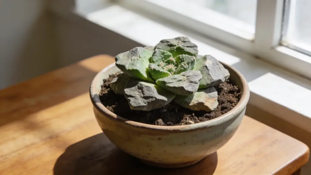 living rock cactus with flat stone-like green body in a ceramic pot on a wooden table near a bright sunny window