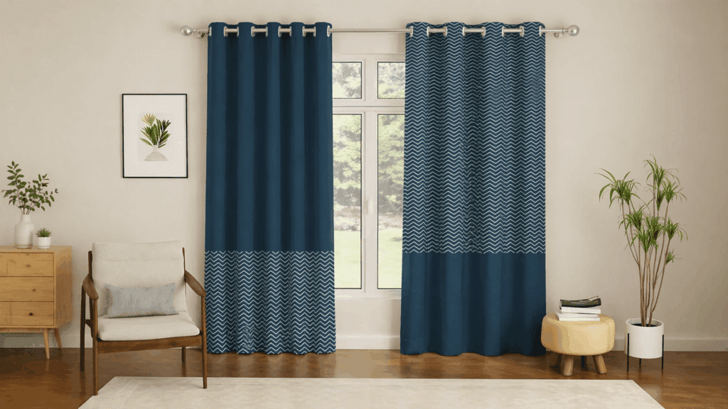 living room with blue curtains hanging to floor by window setup should curtain touch the floor