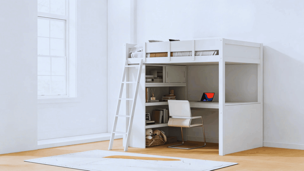 loft bed with desk underneath in small space saving bedroom design
