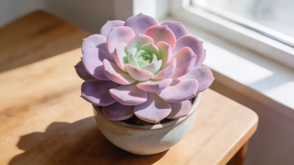 lola succulent with soft pastel pink and lavender rosette leaves in a small ceramic pot on a sunlit wooden table near a window