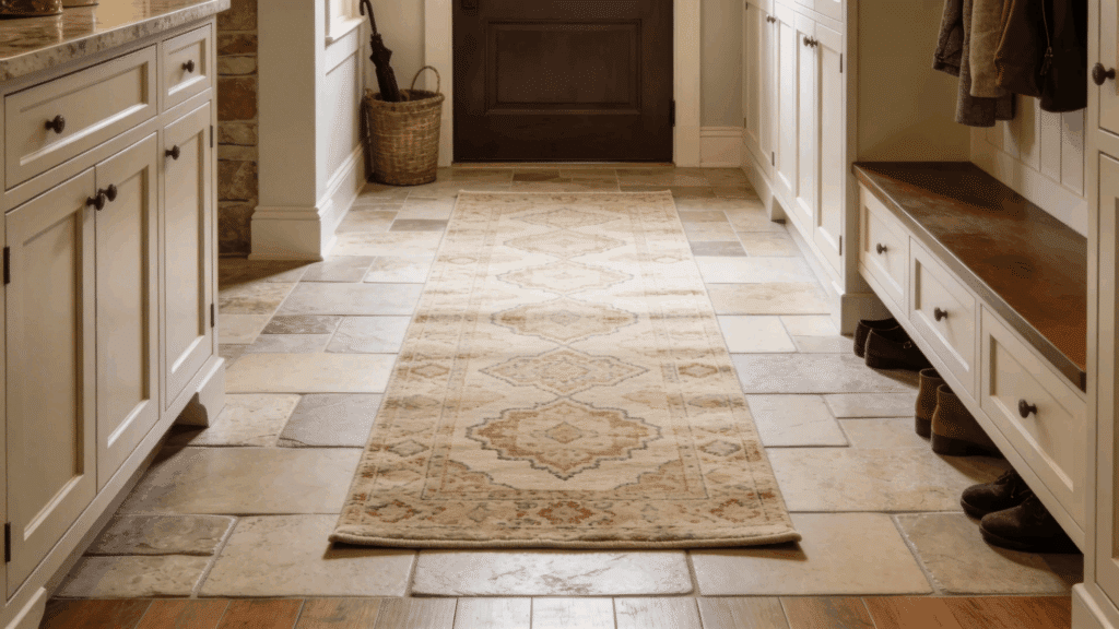 long hallway mudroom with patterned rug cabinets and bench creating organized entry space with storage