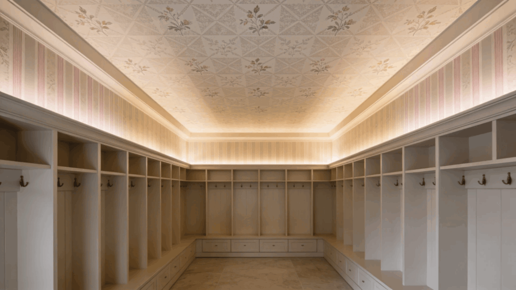 long mudroom with patterned ceiling and rows of cubbies and hooks creating spacious organized storage area