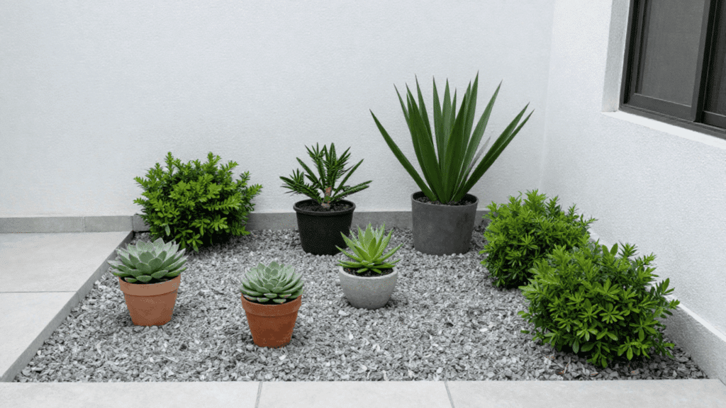low maintenance landscaping with gravel ground small plants and potted greenery in a simple clean outdoor space