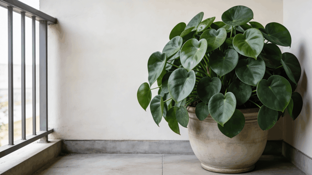 lush green heart shaped leaf plant in a clay pot placed on a balcony floor near railing and wall