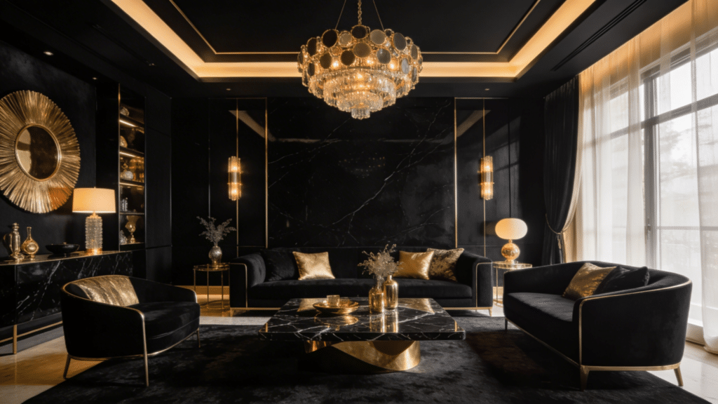luxurious black and gold living room with velvet seating chandelier lighting glossy finishes and elegant modern decor