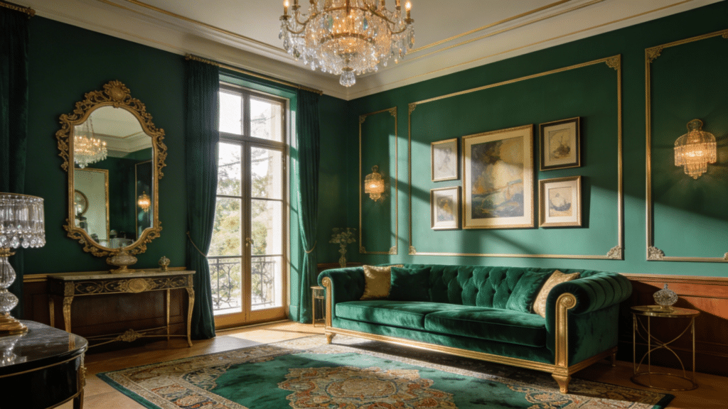 luxurious emerald green and gold living room with velvet sofa chandelier ornate décor and a rich elegant interior style