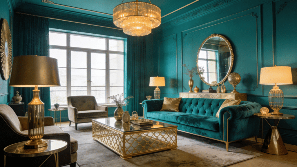luxurious teal and gold living room with velvet sofa chandelier lighting gold accents and an elegant rich interior design style