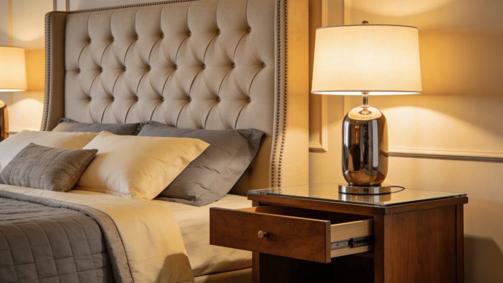 luxury bedroom with upholstered bed and nightstand lamp