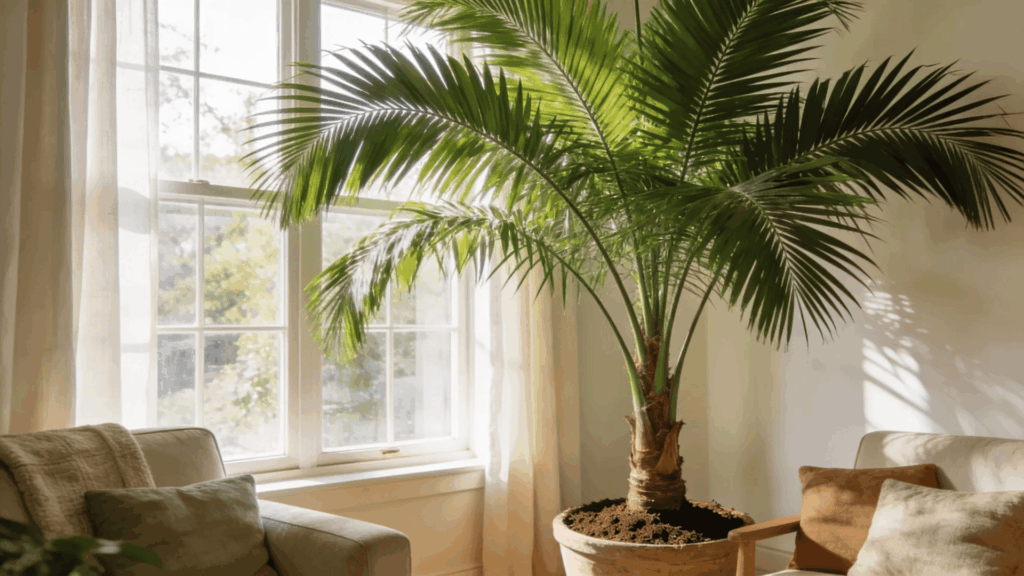 majesty palm placed near window in bright indoor corner with natural light and relaxed setting