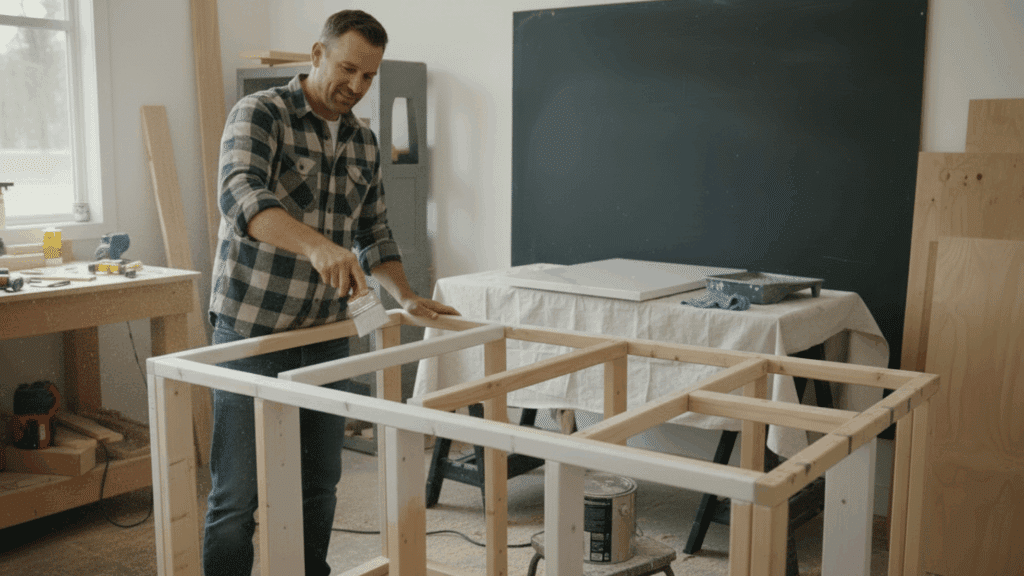 man applying paint on diy kitchen island frame adding final touches for smooth finish and clean look