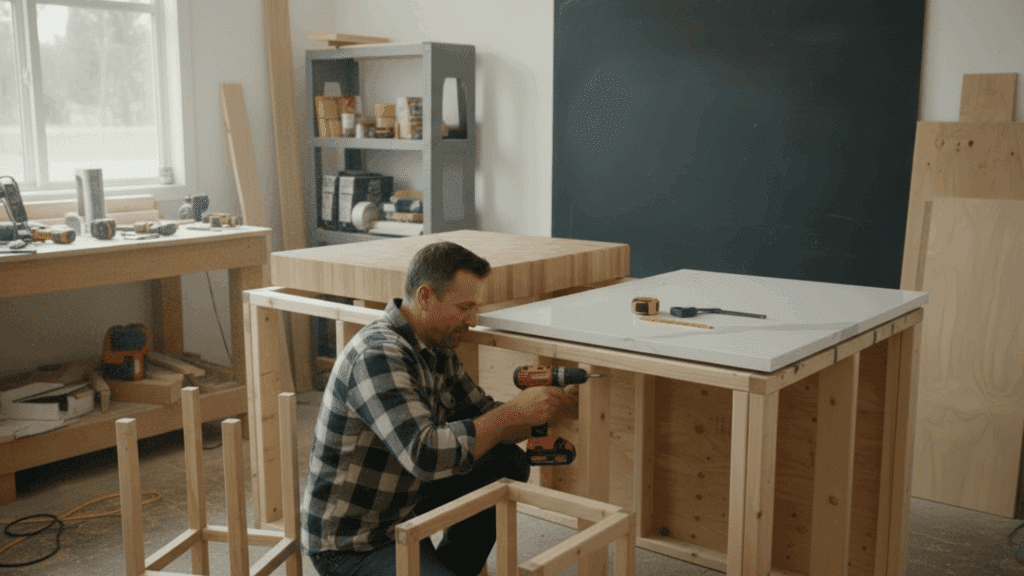 man installing seating frame for diy kitchen island using drill to secure wooden structure properly