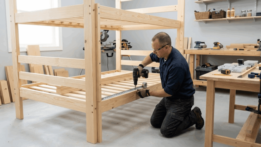 man kneeling assembling wooden frame with drill and measuring tape for diy bunk beds in workshop