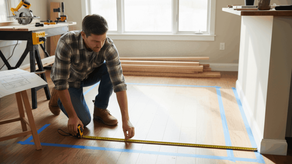 man measuring floor space for diy kitchen island using tape to mark accurate layout and size area