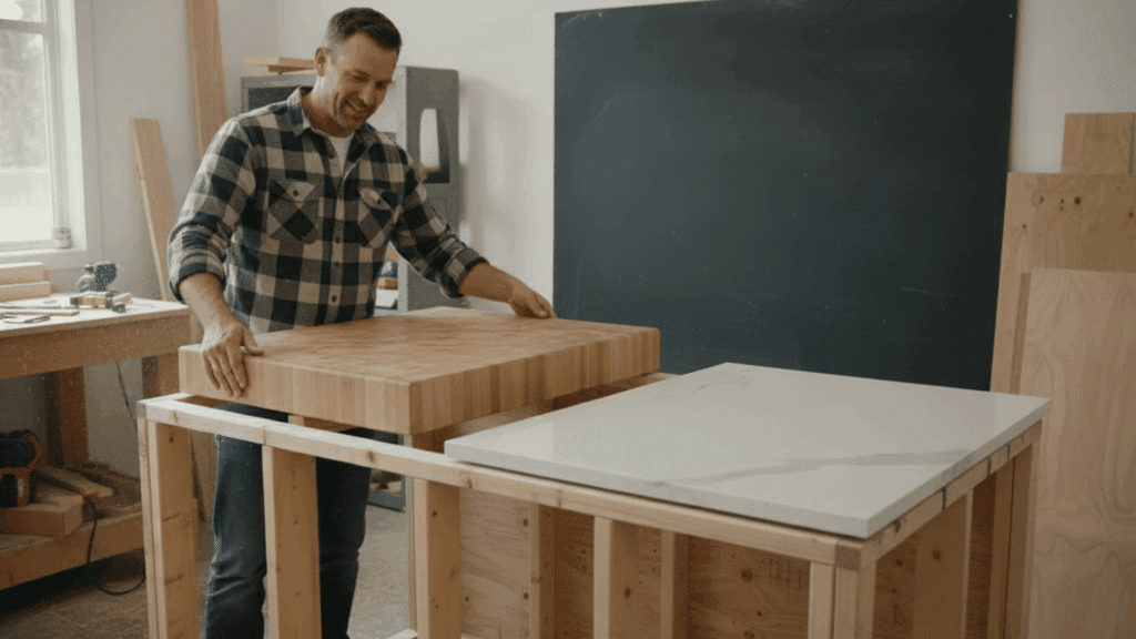 man placing wooden and stone countertop options on diy kitchen island frame to compare materials and fit