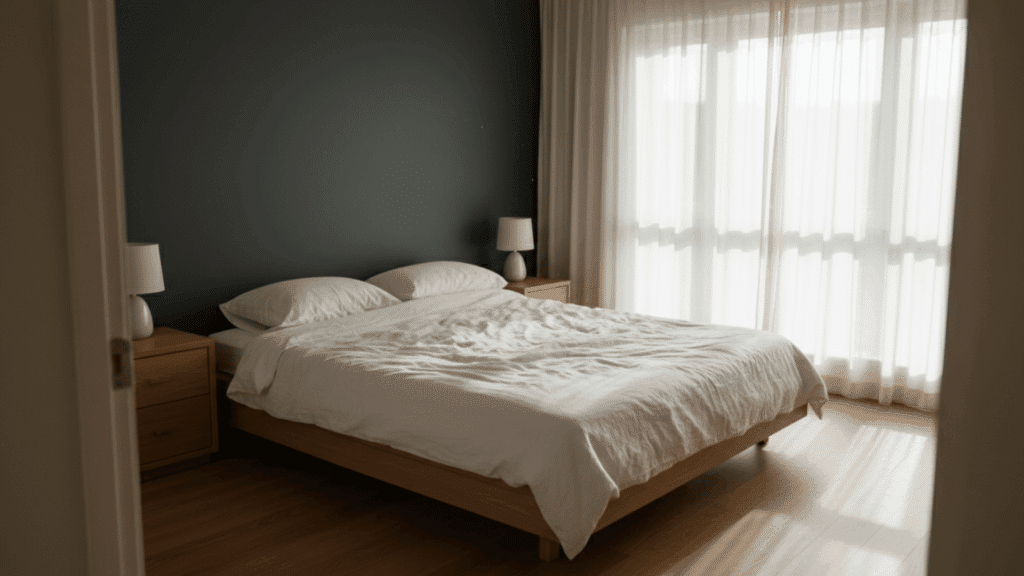 master bedroom accent wall ideas with dark blue wall wooden bed white bedding and sheer curtains with soft light