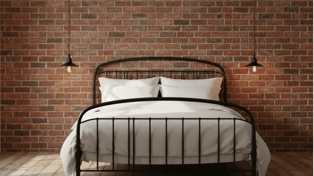 master bedroom accent wall ideas with exposed brick wall metal bed white bedding and hanging pendant lights