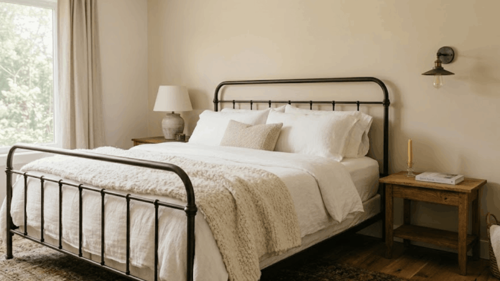 master bedroom with beige accent wall white bedding and natural window light