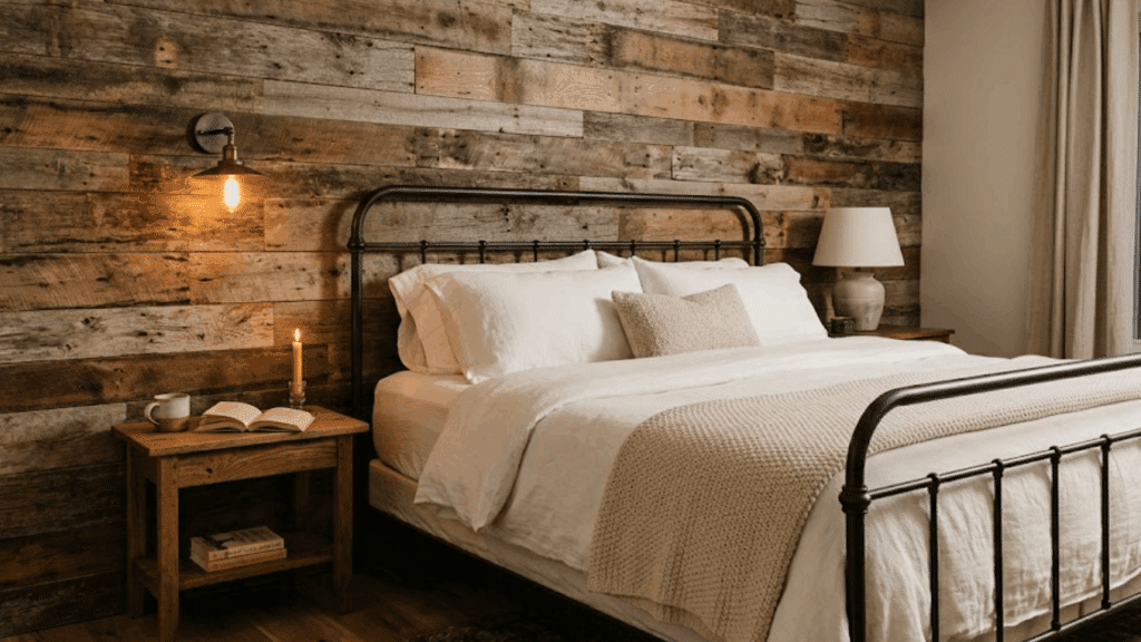 master bedroom with reclaimed wood accent wall iron bed frame and warm lighting