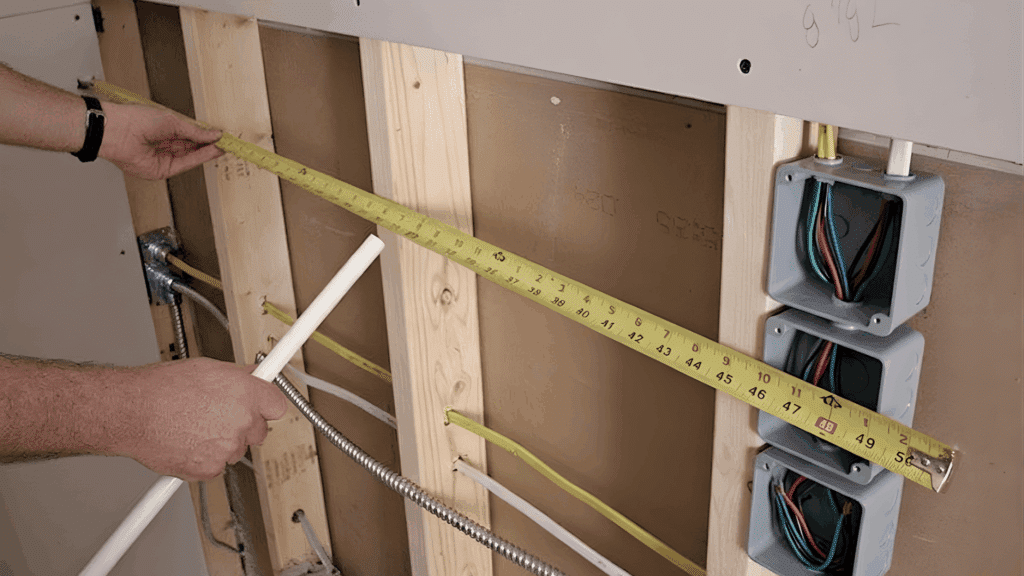 measuring drywall thickness with a tape measure on the wall with electrical components visible