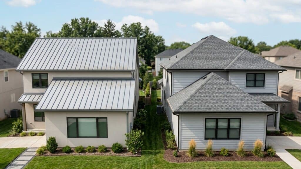 metal roof and asphalt shingle roof comparison on homes explaining metal roof vs shingles cost durability and design differences