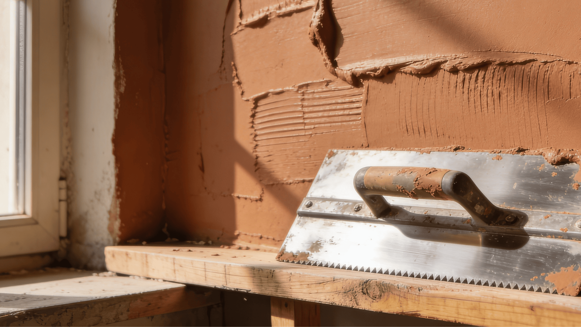 metal trowel resting on wooden sill beside window with brown plaster spread unevenly across textured wall surface