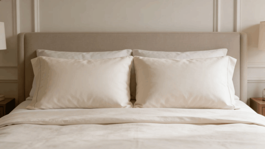 minimal bed with white pillows and neutral bedding in calm bedroom with soft lighting