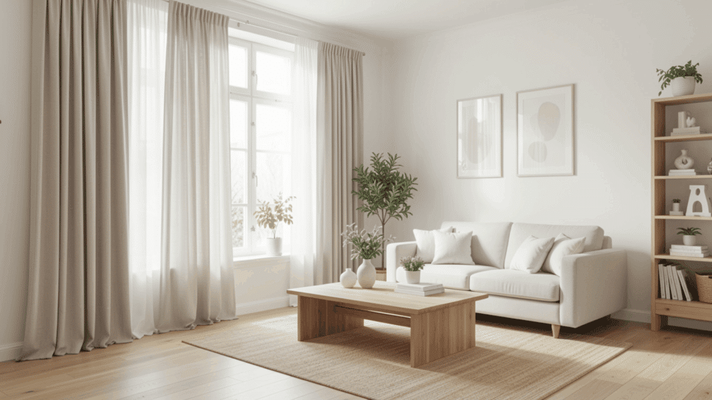 minimal living room with beige sofa wooden table and long drapes showing should curtains touch the floo principles