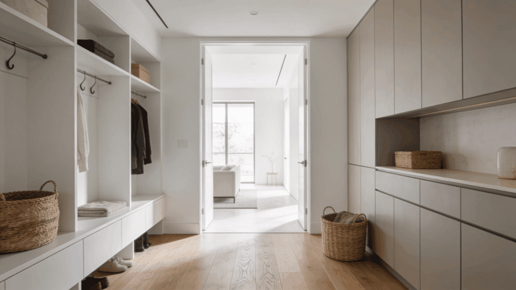 minimal mudroom with white cabinets wooden floor basket and open doorway creating bright simple organized area